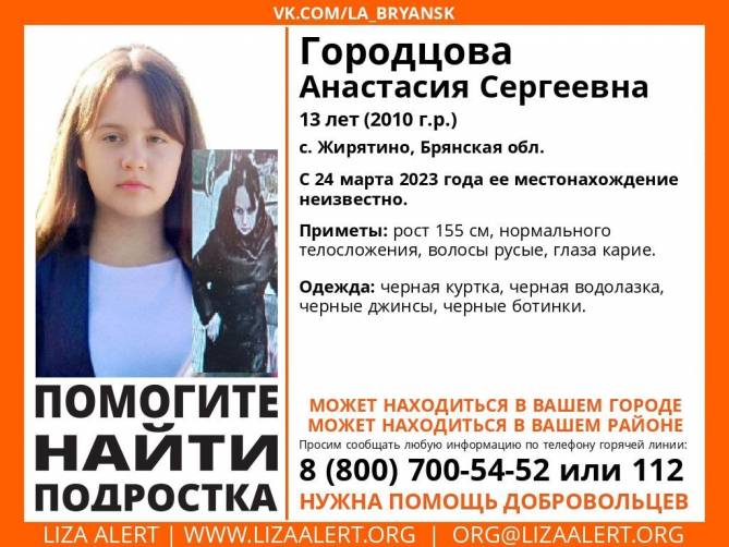 В Брянской области продолжаются поиски 13-летней Анастасии Городцовой