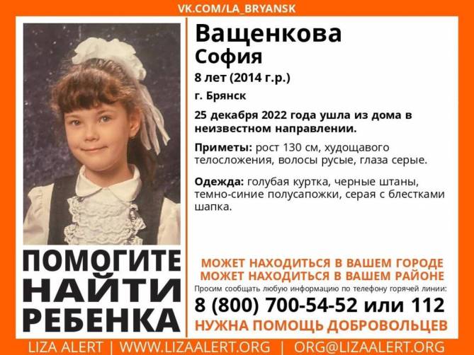 В Брянске искали пропавшую 8-летнюю Софию Ващенкову