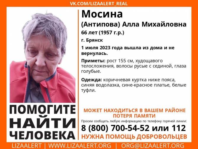 В Брянске пропала 66-летняя Алла Мосина 