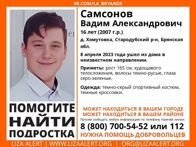В Брянской области пропал 16-летний Вадим Самсонов