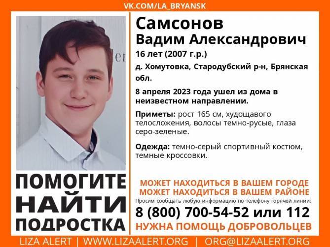 В Брянской области нашли живым пропавшего 16-летнего Вадима Самсонова