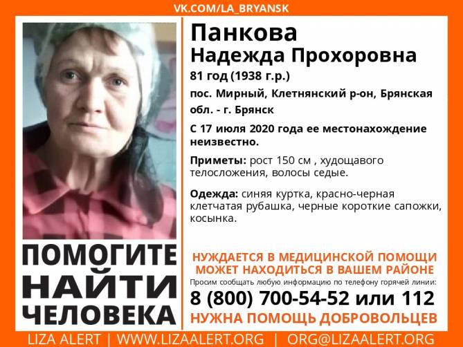 В Брянской области разыскивают 81-летнюю Надежду Панкову