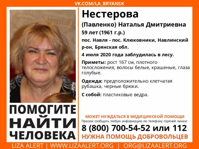 В Навлинском районе пропала 59-летняя Наталья Нестерова