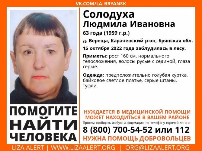 На Брянщине заблудилась в лесу 63-летняя Людмила Солодуха