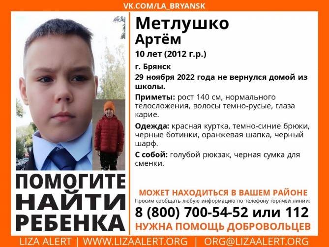 В Брянске не вернулся домой из школы 10-летний Артём Метлушко