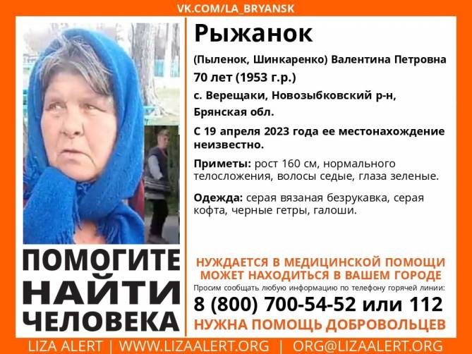 В Брянской области пропала 70-летняя Валентина Рыжанок