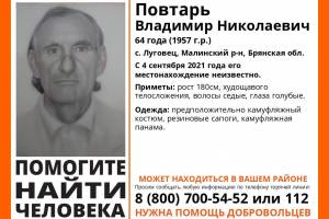 На Брянщине ищут пропавшего 64-летнего Владимира Повтаря