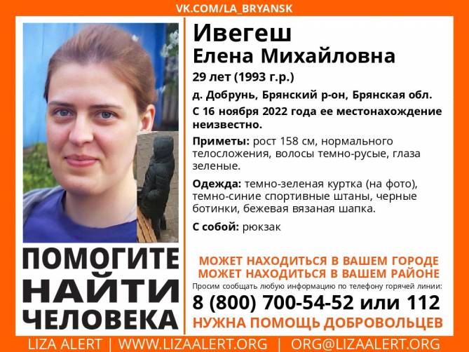 В Брянской области пропала 29-летняя Елена Ивегеш