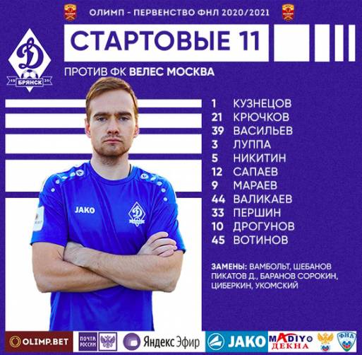 Брянское «Динамо» определило состав на игру с московским «Велесом»