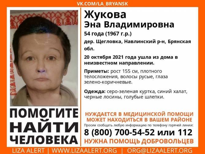 На Брянщине ищут пропавшую 54-летнюю Эну Жукову