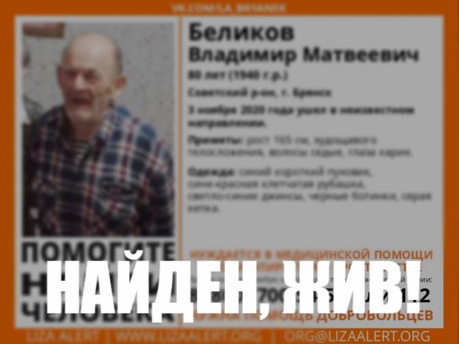 В Брянске пропавшего 80-летнего Владимира Беликова нашли живым