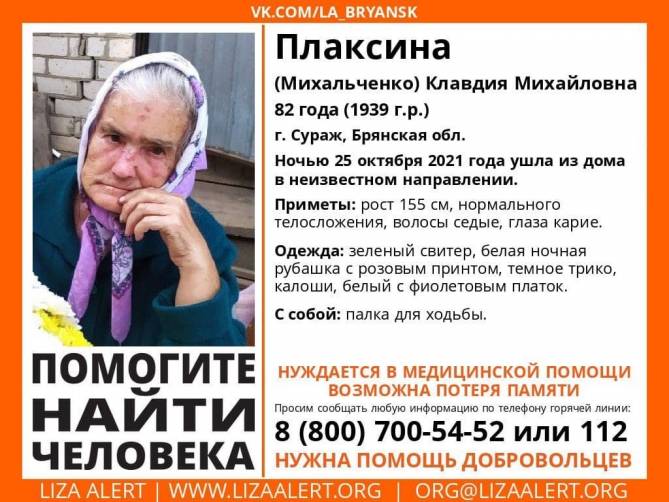 В Брянской области пропала 82-летняя пенсионерка