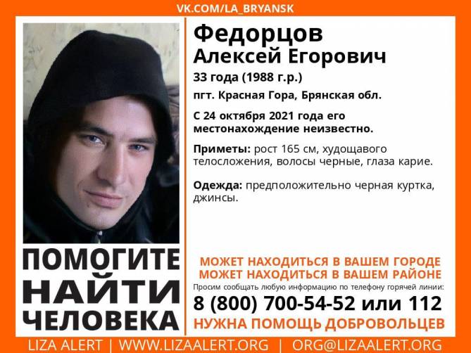 В Брянской области ищут без вести пропавшего 33-летнего Алексея Федорцова