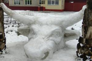 В Брянске слепили огромную снежную голову быка