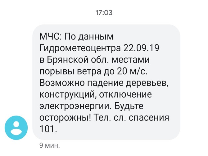 Брянцев через SMS предупредили об урагане 22 сентября