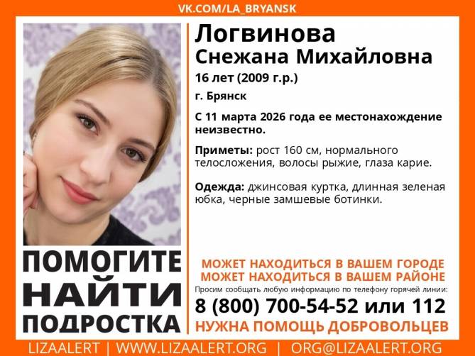 В Брянске начались поиски пропавшей 16-летней Снежаны Логвиновой