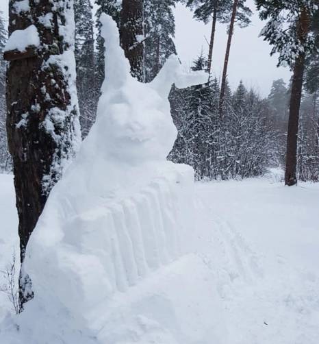 В брянском лесу появился снежный заяц с гармонью
